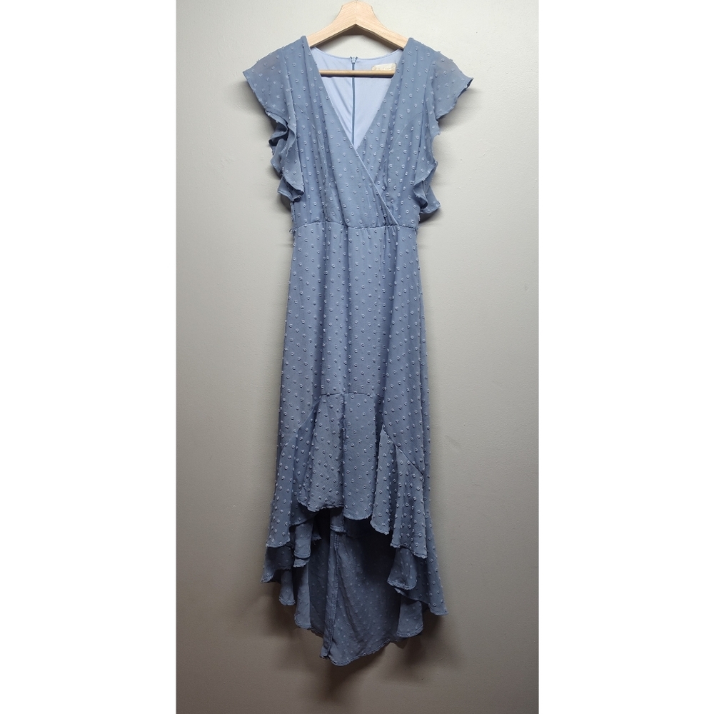 Altar'd State Hi-Low Dress Women Size S Blue V-Neck Ruffle Short Sleeve Party
